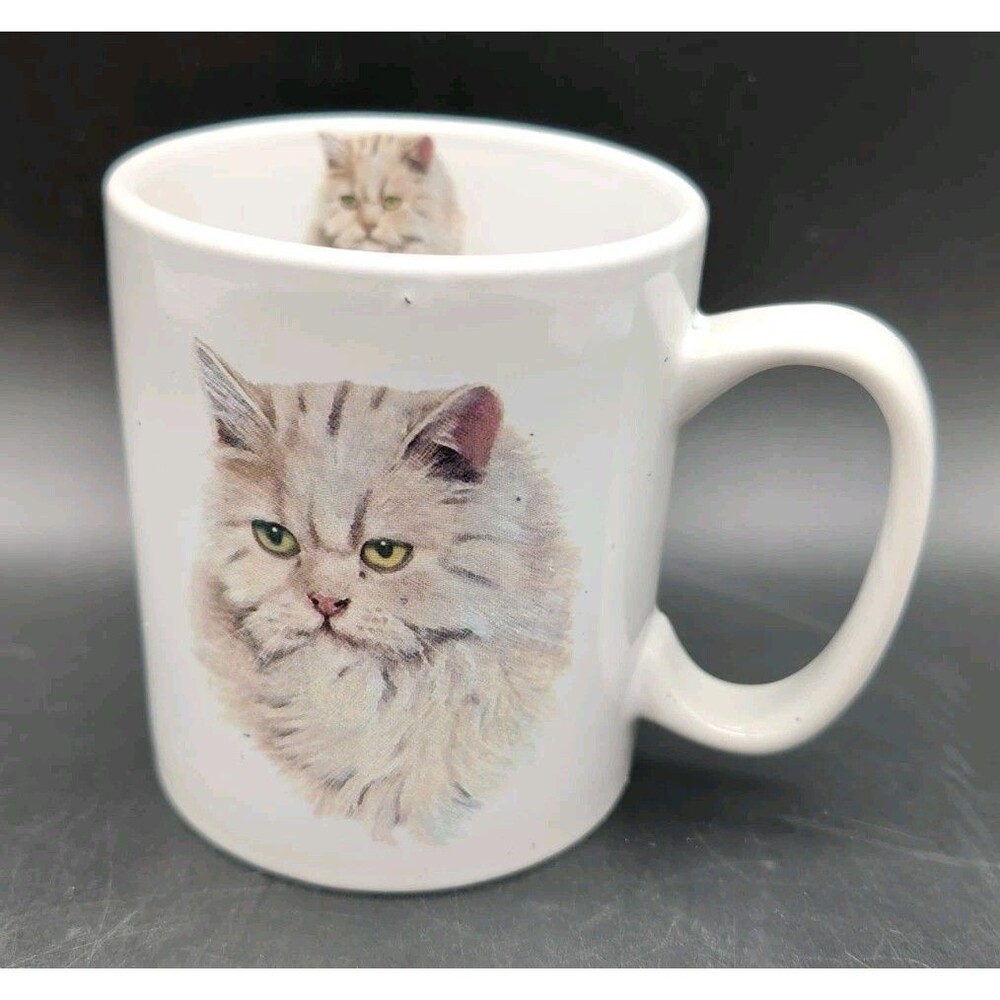 Vintage Persian Cat Coffee Mug White Ceramic 16oz Fluffy Longhair Kitty Cup